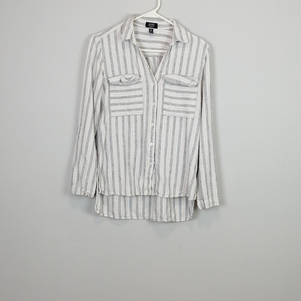 4/$20 Jones New York Linen Blend Striped Button Up Shirt White Size Small